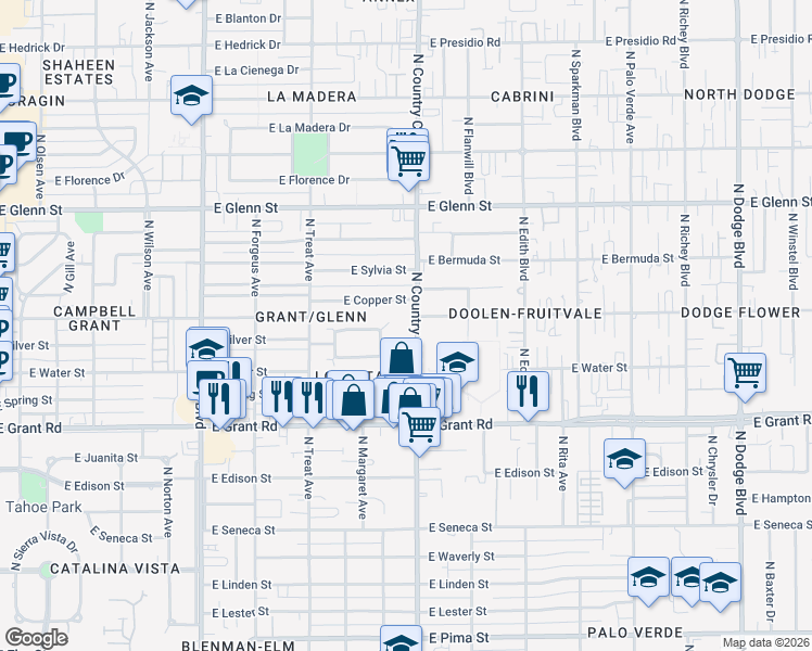map of restaurants, bars, coffee shops, grocery stores, and more near 3002 East Silver Street in Tucson