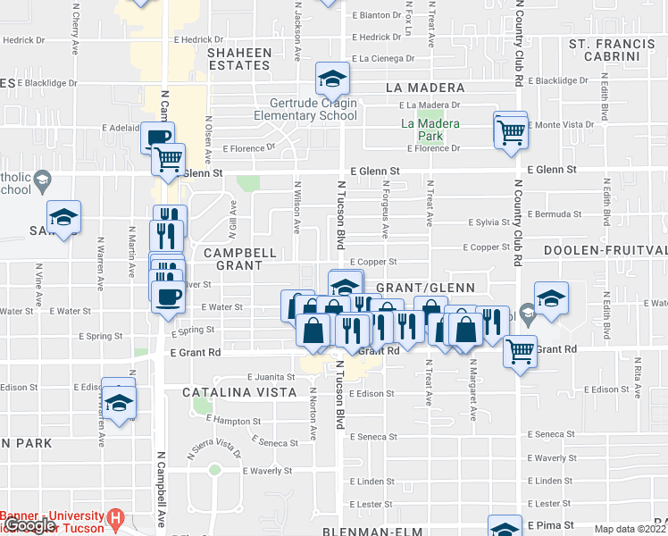 map of restaurants, bars, coffee shops, grocery stores, and more near 2540 North Tucson Boulevard in Tucson