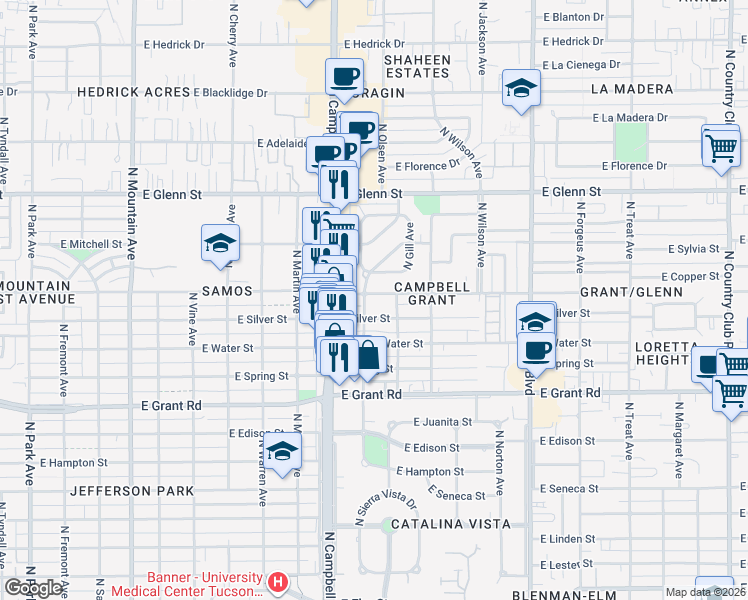 map of restaurants, bars, coffee shops, grocery stores, and more near 2026 East Silver Street in Tucson