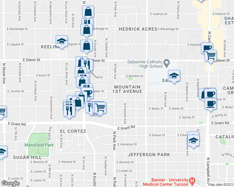 map of restaurants, bars, coffee shops, grocery stores, and more near 1005 East Silver Street in Tucson