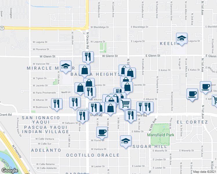 map of restaurants, bars, coffee shops, grocery stores, and more near 2525 North Castro Avenue in Tucson