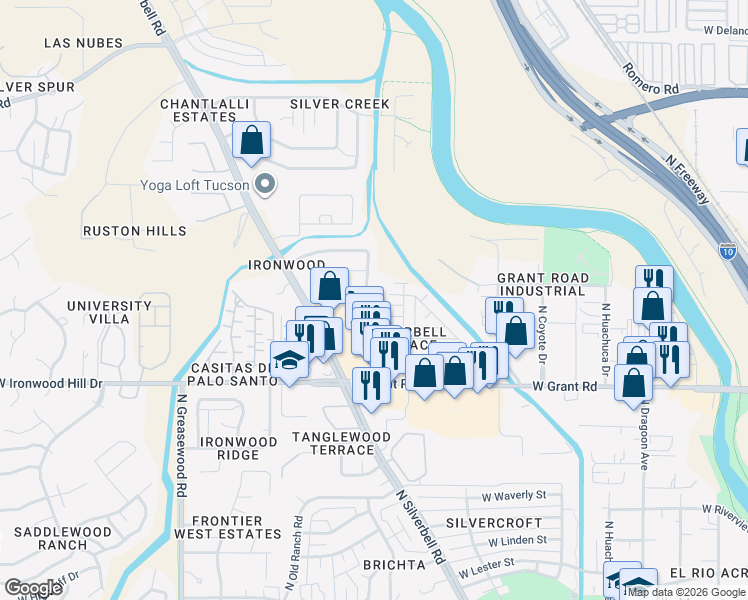 map of restaurants, bars, coffee shops, grocery stores, and more near 2121 West Splitwood Place in Tucson