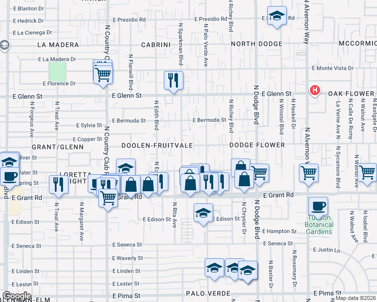 map of restaurants, bars, coffee shops, grocery stores, and more near 2522 North Sparkman Boulevard in Tucson