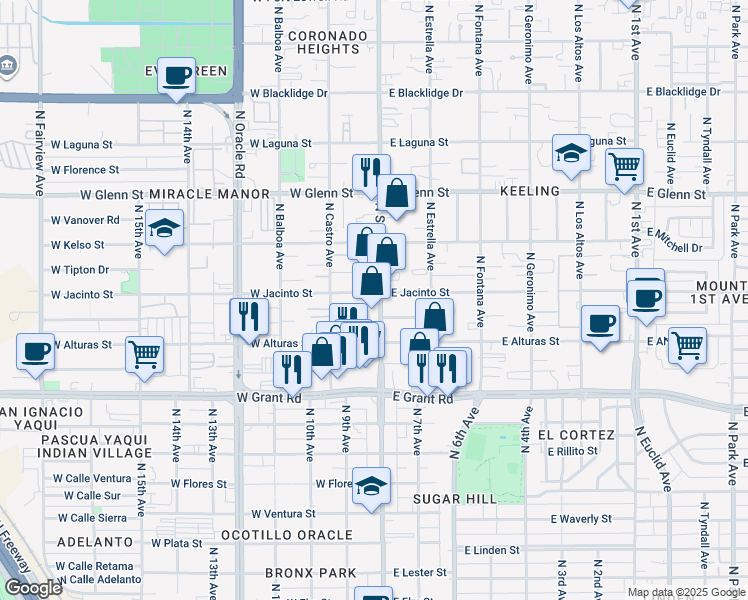 map of restaurants, bars, coffee shops, grocery stores, and more near 2555 North Stone Avenue in Tucson