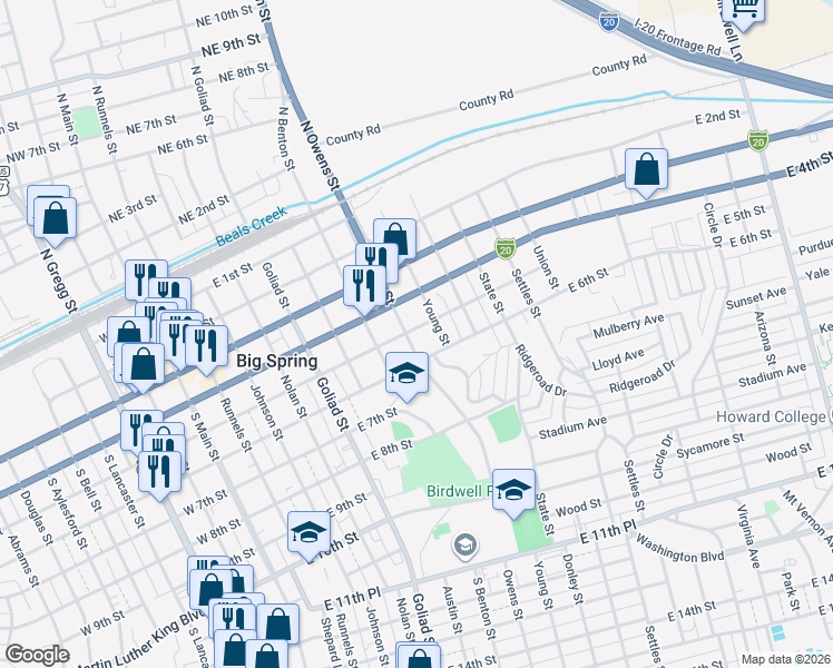 map of restaurants, bars, coffee shops, grocery stores, and more near 501 Owens Street in Big Spring