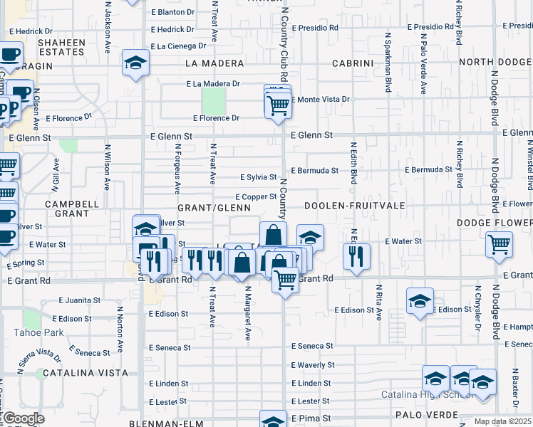 map of restaurants, bars, coffee shops, grocery stores, and more near 3002 East Silver Street in Tucson