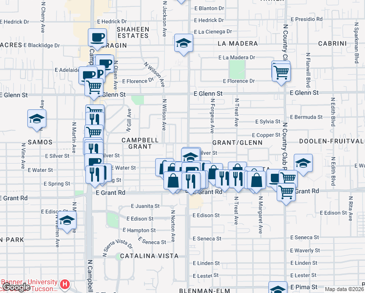 map of restaurants, bars, coffee shops, grocery stores, and more near 2559 North Tucson Boulevard in Tucson
