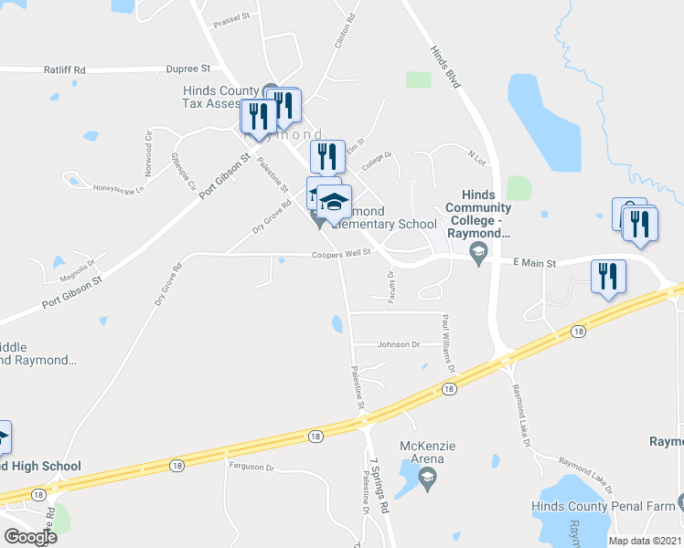 map of restaurants, bars, coffee shops, grocery stores, and more near 527 Palestine St in Raymond