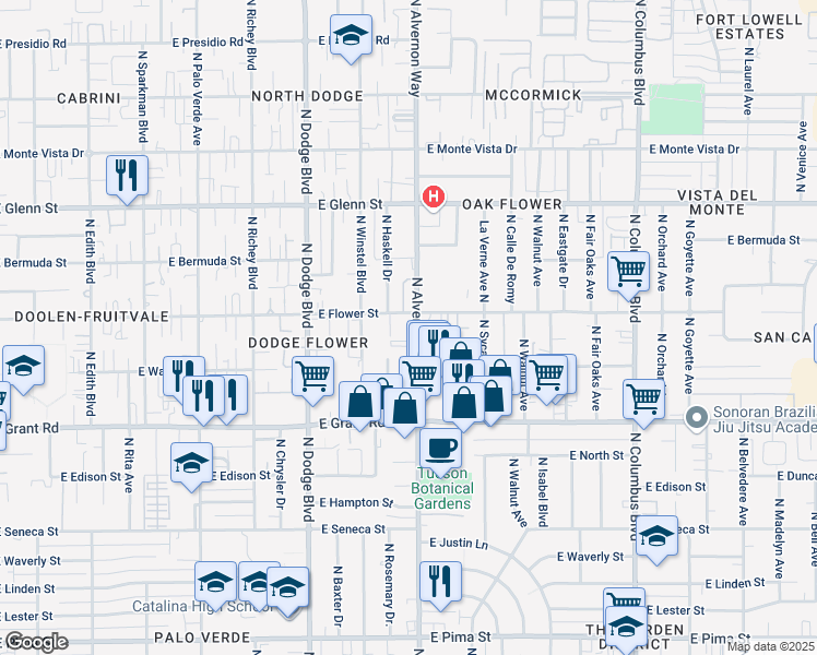 map of restaurants, bars, coffee shops, grocery stores, and more near 2625 East Flower Street in Tucson