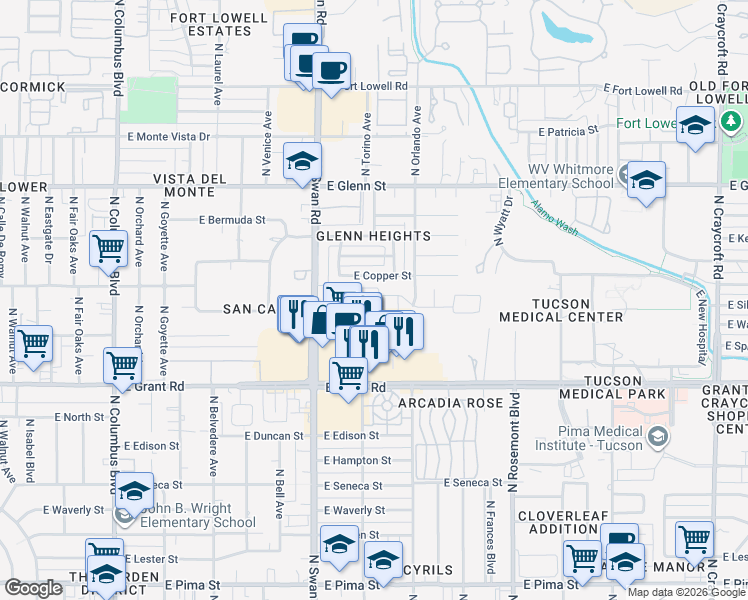 map of restaurants, bars, coffee shops, grocery stores, and more near 4750 East Copper Street in Tucson