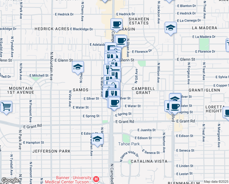 map of restaurants, bars, coffee shops, grocery stores, and more near 1923 East Copper Street in Tucson