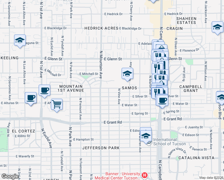 map of restaurants, bars, coffee shops, grocery stores, and more near 1421 East Silver Street in Tucson