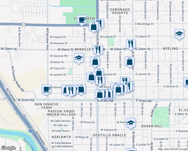 map of restaurants, bars, coffee shops, grocery stores, and more near 2620 North 14th Avenue in Tucson