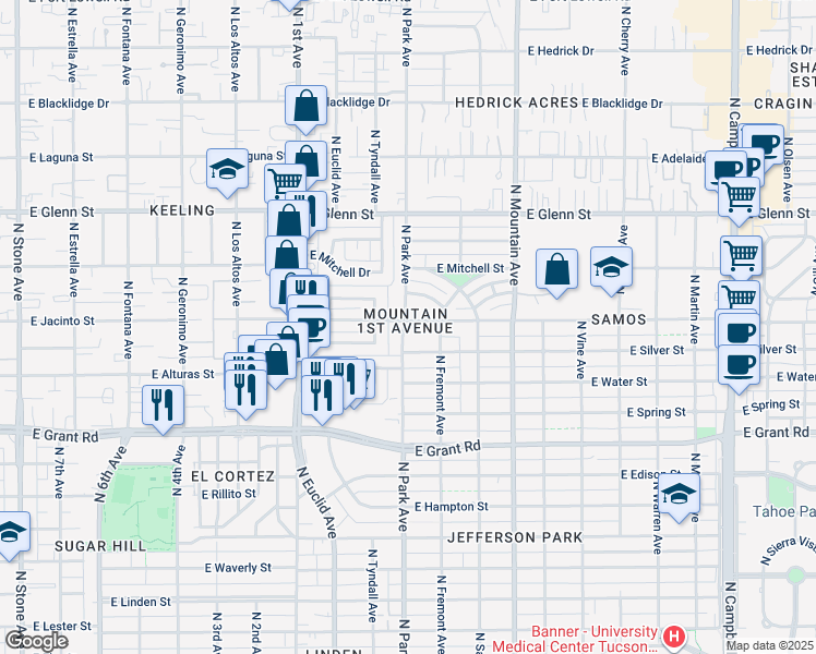 map of restaurants, bars, coffee shops, grocery stores, and more near 2622 North Park Avenue in Tucson