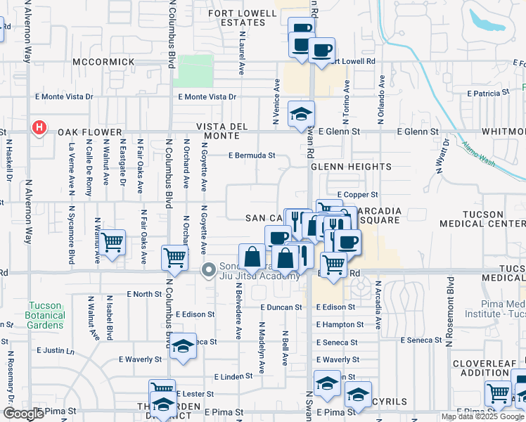 map of restaurants, bars, coffee shops, grocery stores, and more near 2543 North Venice Avenue in Tucson