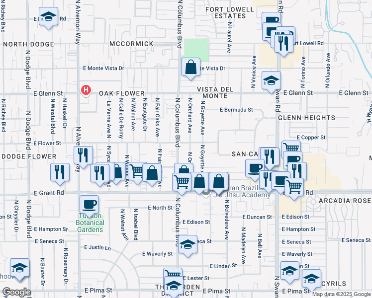 map of restaurants, bars, coffee shops, grocery stores, and more near 4303 East Flower Street in Tucson