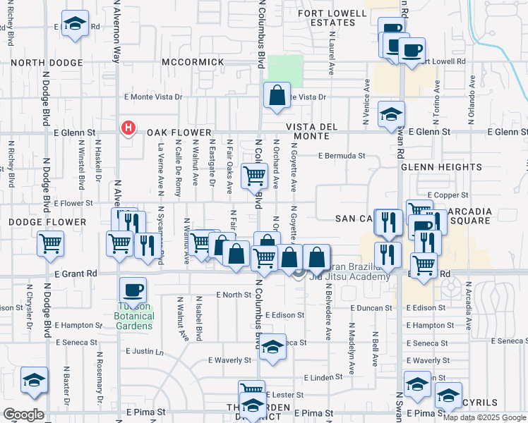 map of restaurants, bars, coffee shops, grocery stores, and more near 4303 East Flower Street in Tucson