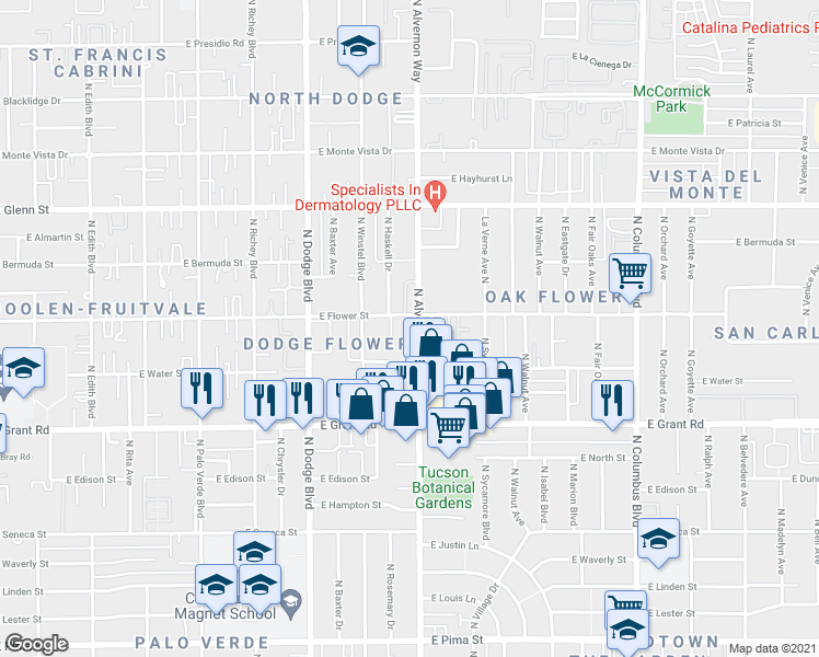 map of restaurants, bars, coffee shops, grocery stores, and more near 2625 East Flower Street in Tucson