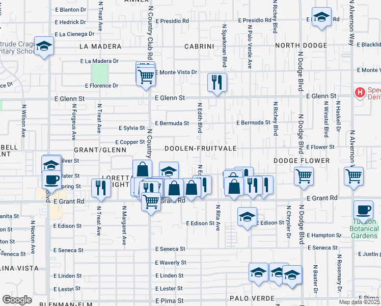 map of restaurants, bars, coffee shops, grocery stores, and more near 3234 East Towner Street in Tucson