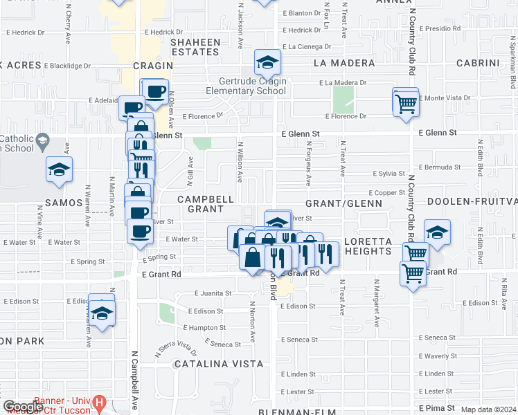 map of restaurants, bars, coffee shops, grocery stores, and more near 2614 North Wilson Avenue in Tucson