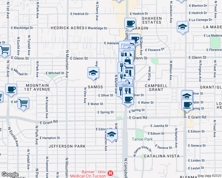 map of restaurants, bars, coffee shops, grocery stores, and more near 2607 North Martin Avenue in Tucson