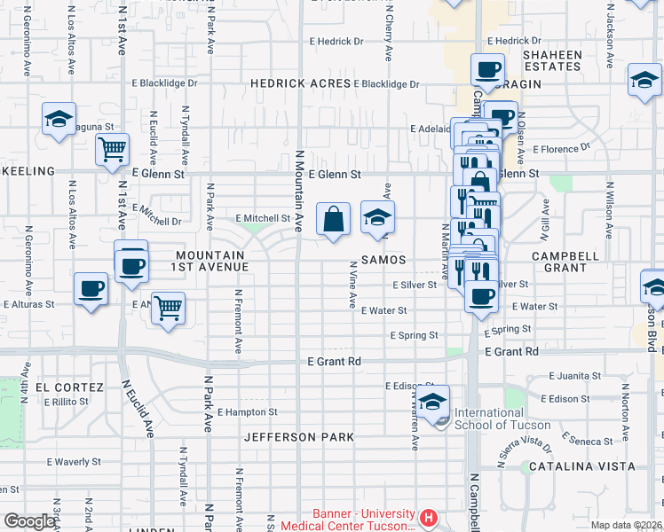 map of restaurants, bars, coffee shops, grocery stores, and more near 1421 East Silver Street in Tucson