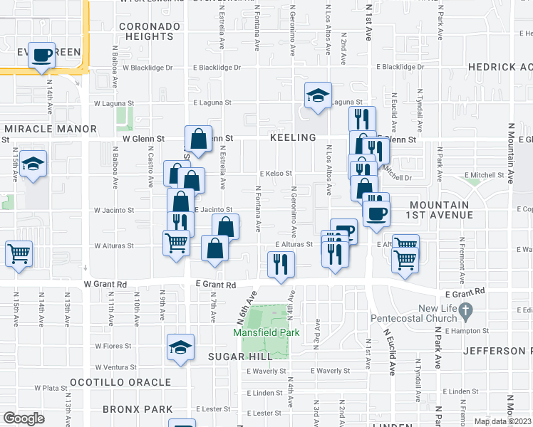 map of restaurants, bars, coffee shops, grocery stores, and more near 335 East Fontana Place in Tucson
