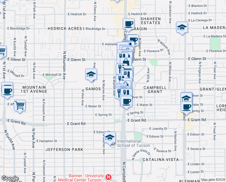 map of restaurants, bars, coffee shops, grocery stores, and more near 2607 North Martin Avenue in Tucson