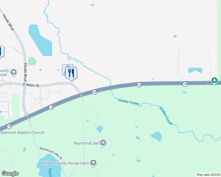 map of restaurants, bars, coffee shops, grocery stores, and more near Mississippi 18 in Raymond