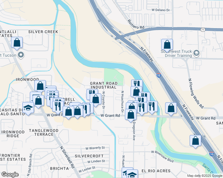 map of restaurants, bars, coffee shops, grocery stores, and more near 2560 North Coyote Drive in Tucson