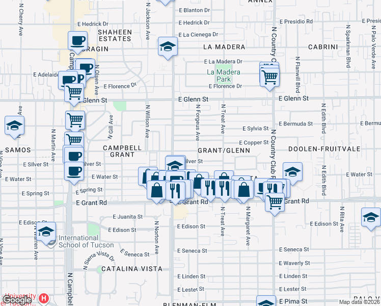map of restaurants, bars, coffee shops, grocery stores, and more near 2548 East Copper Street in Tucson