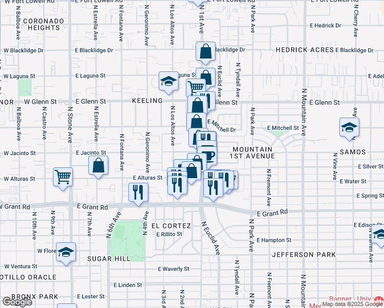 map of restaurants, bars, coffee shops, grocery stores, and more near 547 East Jacinto Street in Tucson