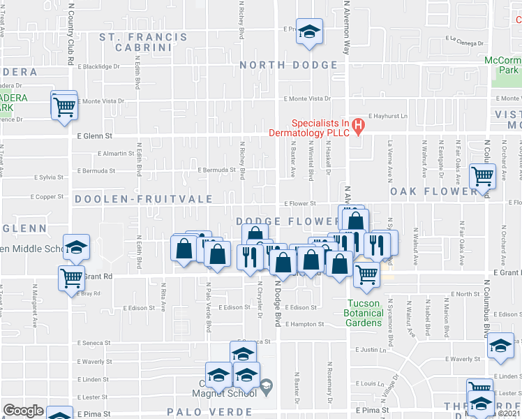 map of restaurants, bars, coffee shops, grocery stores, and more near 2605 North Dodge Boulevard in Tucson