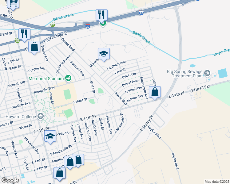 map of restaurants, bars, coffee shops, grocery stores, and more near 3120 Drexel Avenue in Big Spring