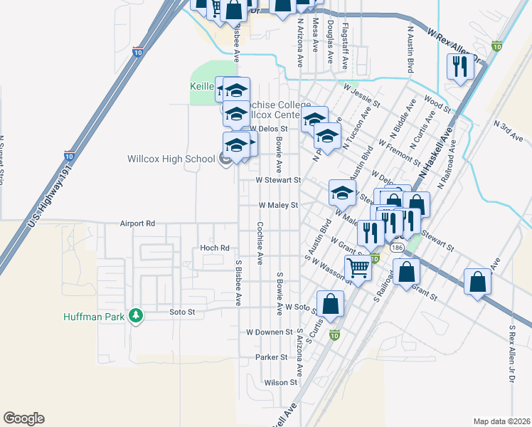 map of restaurants, bars, coffee shops, grocery stores, and more near 123 South Cochise Avenue in Willcox