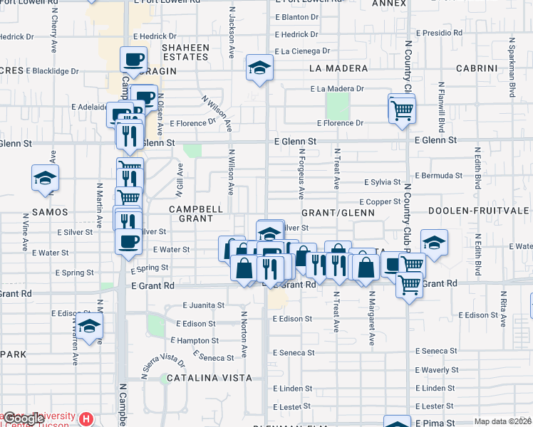 map of restaurants, bars, coffee shops, grocery stores, and more near N Tucson Blvd & E Copper St in Tucson