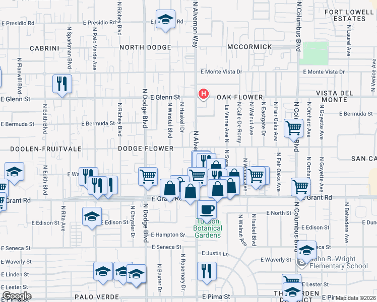 map of restaurants, bars, coffee shops, grocery stores, and more near 2525 North Alvernon Way in Tucson
