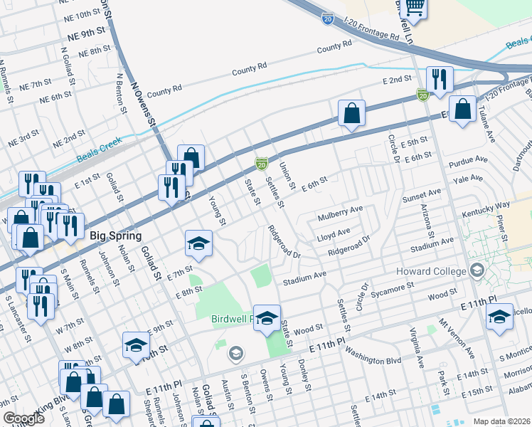 map of restaurants, bars, coffee shops, grocery stores, and more near 500-598 State Street in Big Spring