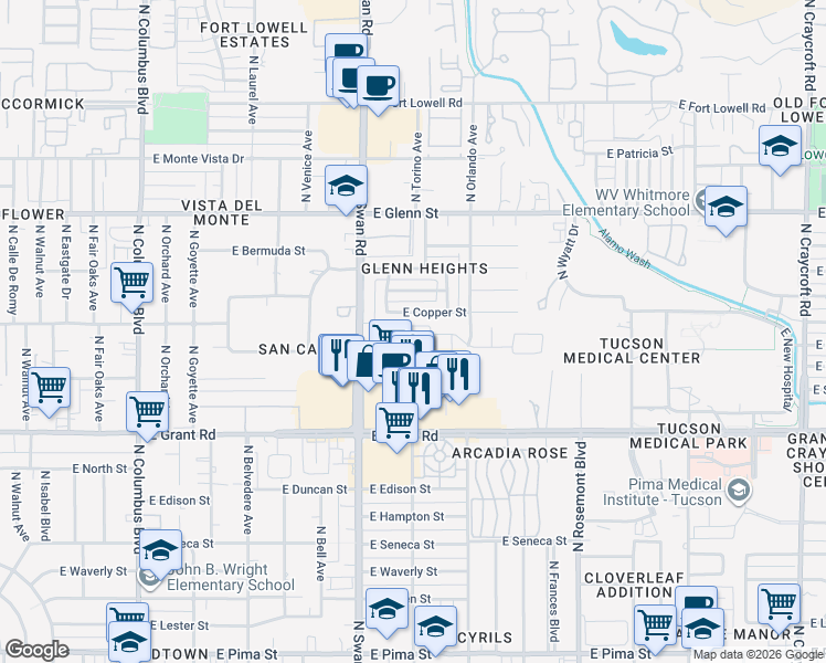 map of restaurants, bars, coffee shops, grocery stores, and more near 4750 East Copper Street in Tucson