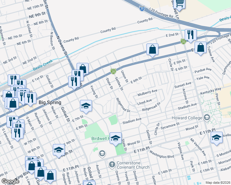 map of restaurants, bars, coffee shops, grocery stores, and more near 500-598 State Street in Big Spring