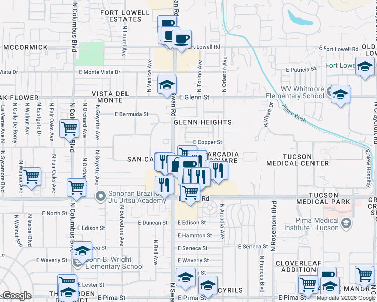 map of restaurants, bars, coffee shops, grocery stores, and more near 2609 North Nema Avenue in Tucson