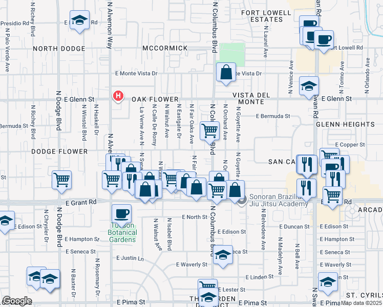 map of restaurants, bars, coffee shops, grocery stores, and more near 4231 East Flower Street in Tucson