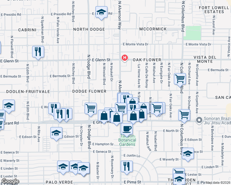 map of restaurants, bars, coffee shops, grocery stores, and more near 2625 East Flower Street in Tucson