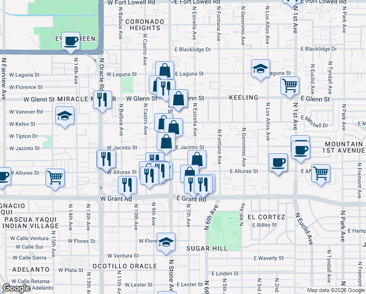 map of restaurants, bars, coffee shops, grocery stores, and more near 2630 North Stone Avenue in Tucson