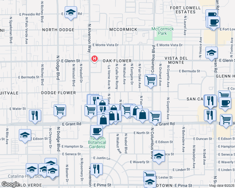 map of restaurants, bars, coffee shops, grocery stores, and more near 4054 East Flower Street in Tucson