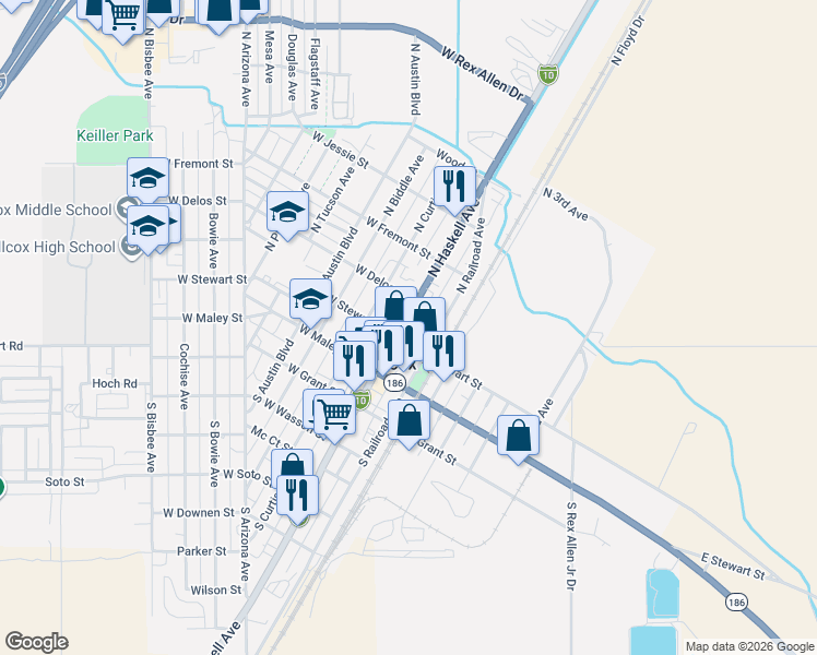 map of restaurants, bars, coffee shops, grocery stores, and more near 233 North Haskell Avenue in Willcox