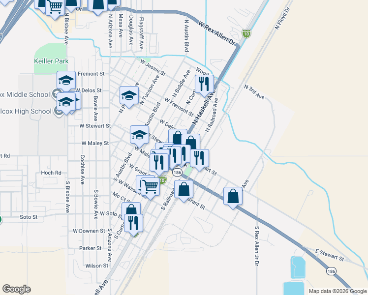map of restaurants, bars, coffee shops, grocery stores, and more near 235 North Haskell Avenue in Willcox