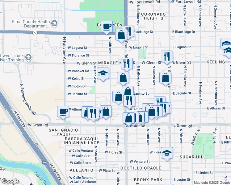 map of restaurants, bars, coffee shops, grocery stores, and more near 2602 North 14th Avenue in Tucson