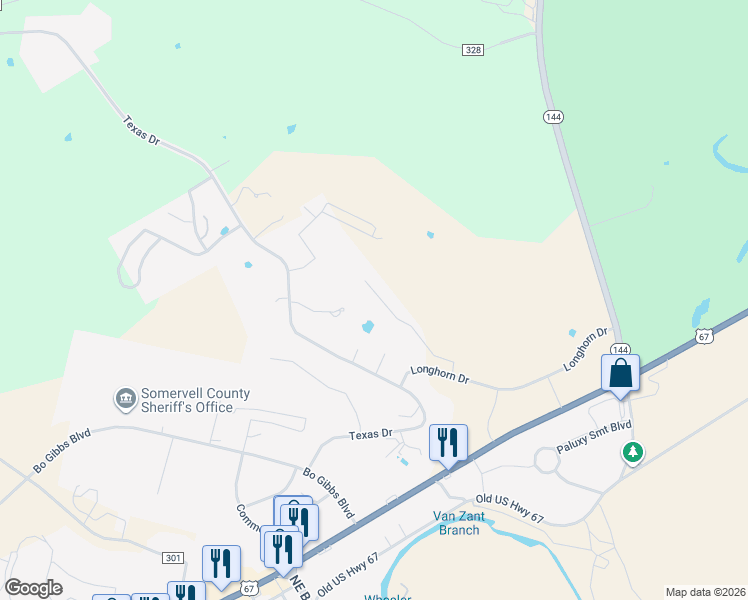 map of restaurants, bars, coffee shops, grocery stores, and more near 122 King Arthur Court in Glen Rose