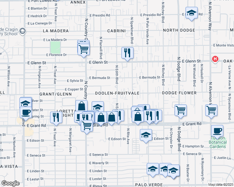 map of restaurants, bars, coffee shops, grocery stores, and more near 3317 East Flower Street in Tucson